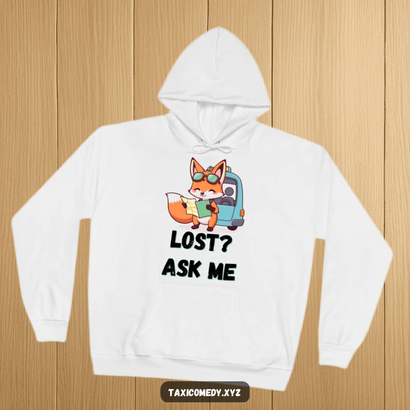 Funny hoodie featuring a fox with a map providing directions to a taxi driver, designed for comfort and embodying clever guidance with a humorous touch.