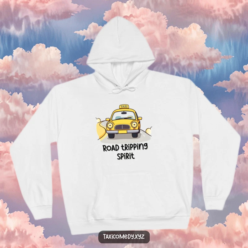 Funny hoodie with a cute taxi cab driving down a winding road, perfect for fans of road trips and humor.