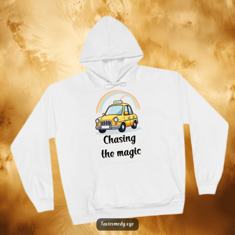Funny Magical Taxi Hoodie showcasing a taxi cab with a magical rainbow arching over its roof, offering warm comfort and whimsical charm.
