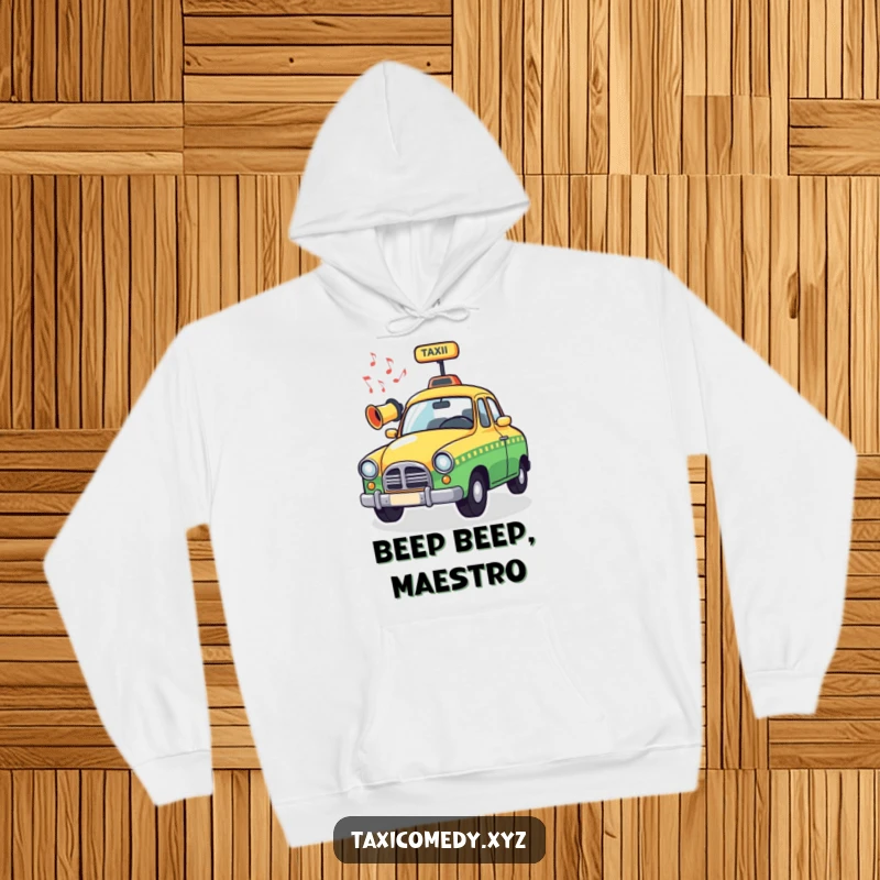 Funny Musical Taxi Hoodie showcasing a whimsical taxi horn emitting musical notes, offering warm comfort and humorous musical charm.