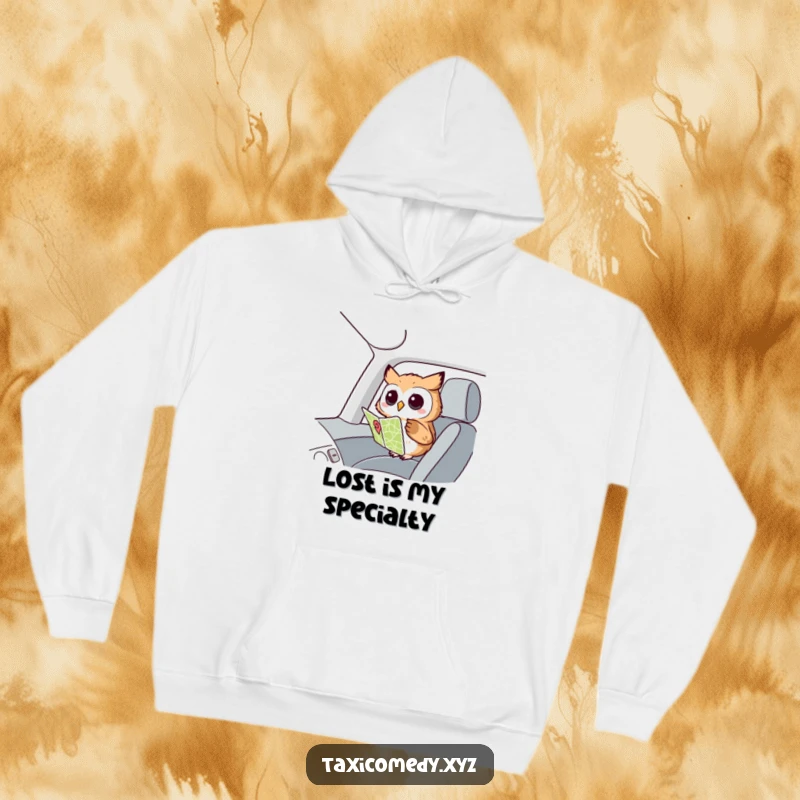 Funny Owl Navigator Hoodie: A curious owl examining a map in the passenger seat, offering warmth, wisdom, and a touch of humor.
