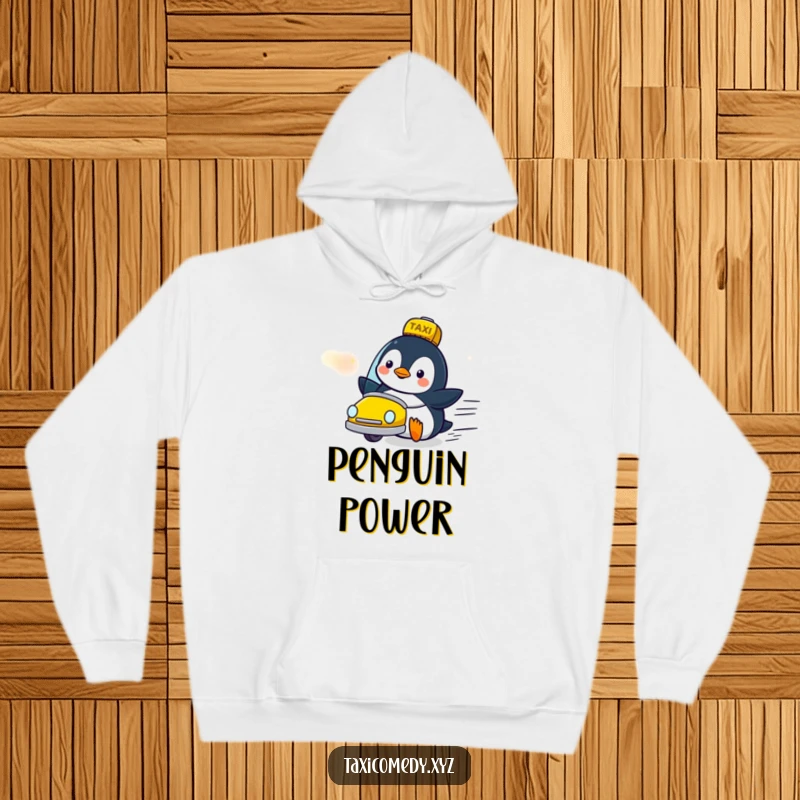 Funny penguin character wearing a hoodie, looking delighted as a taxi zooms past, perfect for cozy enthusiasm.