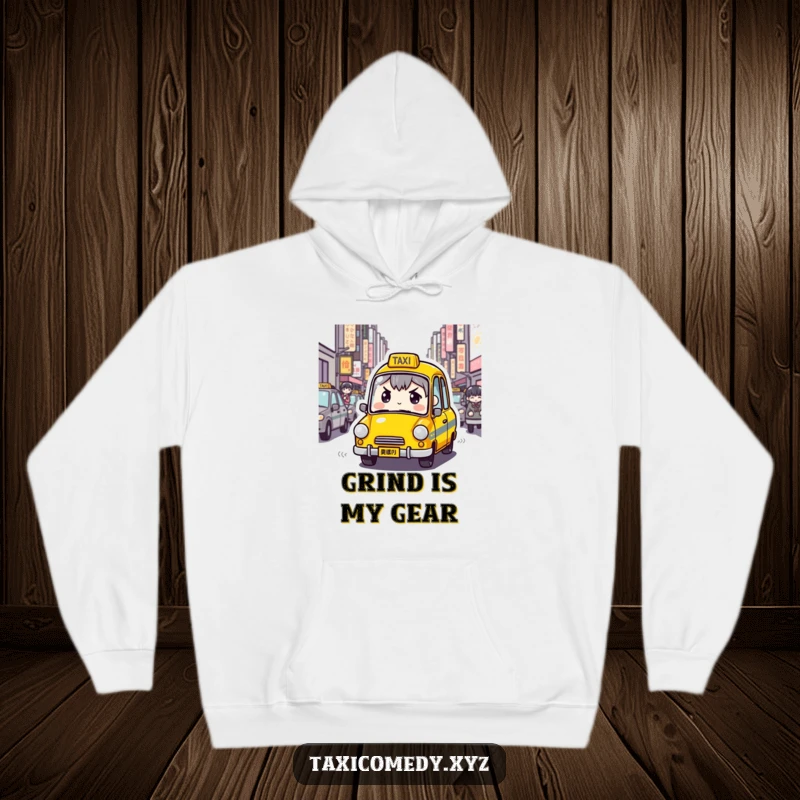 Funny Determined Taxi Hoodie showcasing a taxi character with a determined expression navigating crowded city streets, offering warm comfort and urban resilience.