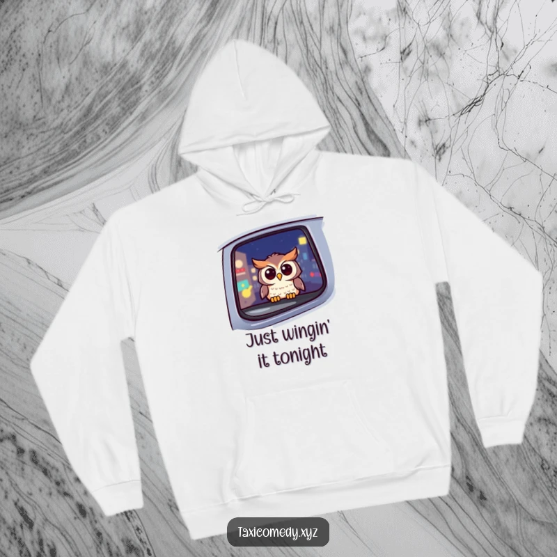 Funny owl hoodie with a cheerful owl looking out a taxi window at night, offering comfort and humor for screen reader users.