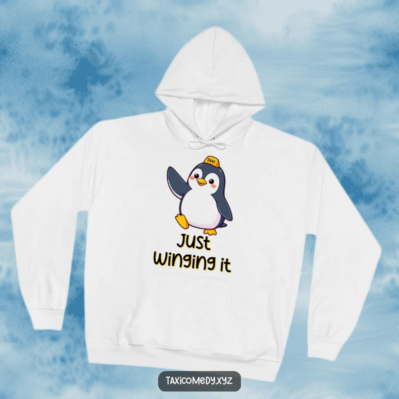 Funny hoodie featuring a cute penguin enthusiastically signaling for a taxi, ready for an adventure, perfect for cozy, humorous wear.