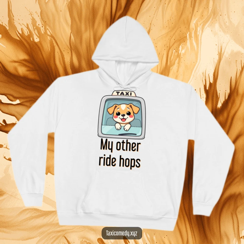 Funny Dog Taxi Hoodie: A smiling dog enjoying a taxi ride with its head out the window, radiating happiness and warmth.