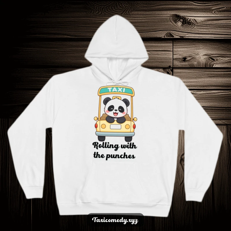 Funny panda riding in an open-top taxi, looking ecstatic. This hoodie offers warmth and a reminder of pure, unadulterated happiness.