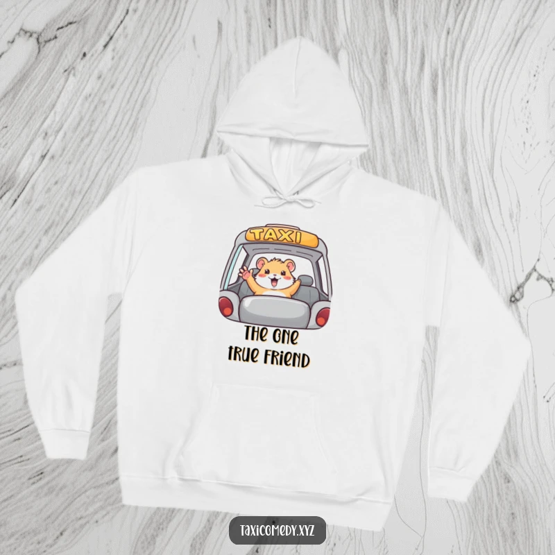 Funny hamster taxi hoodie, comfortable apparel with a tiny hamster waving hello from a taxi, cute and humorous.