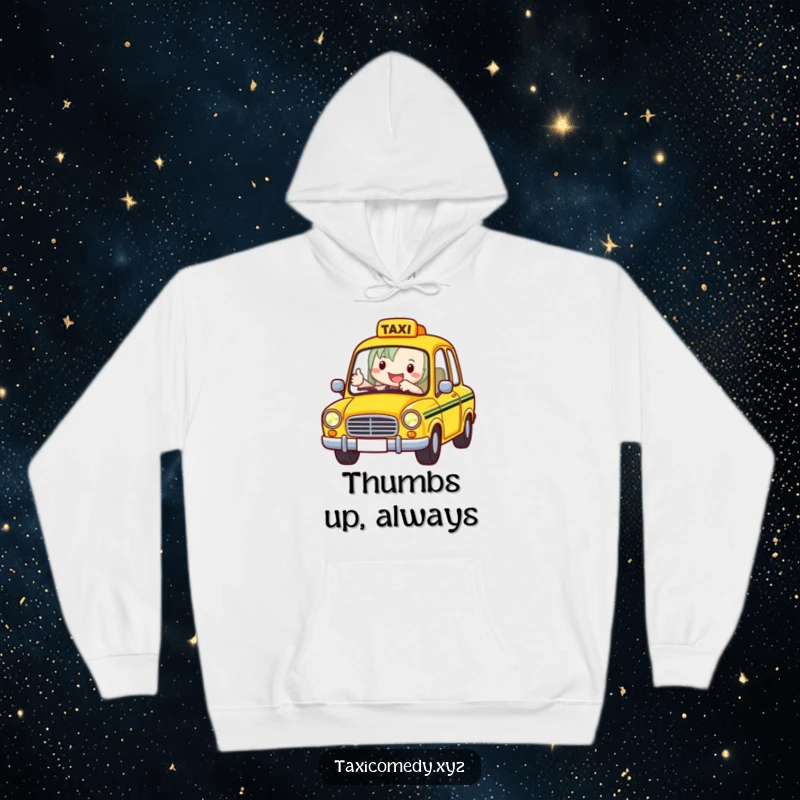 Funny Taxi Driver Hoodie showcasing a cheerful taxi driver giving a friendly thumbs-up, offering warmth and humorous city charm.