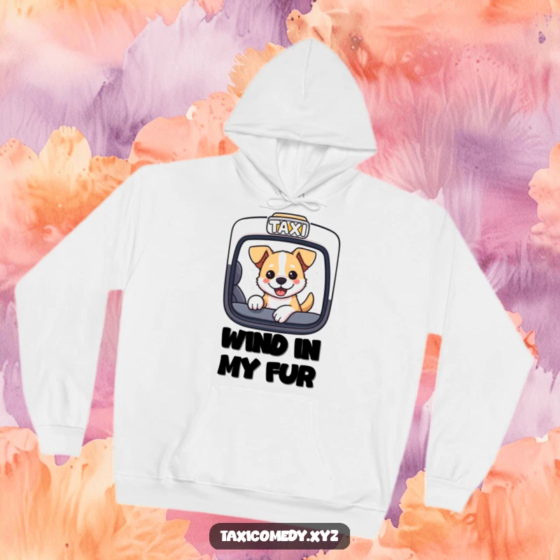 Funny dog with its head out of a taxi window, tongue out, on a soft hoodie.