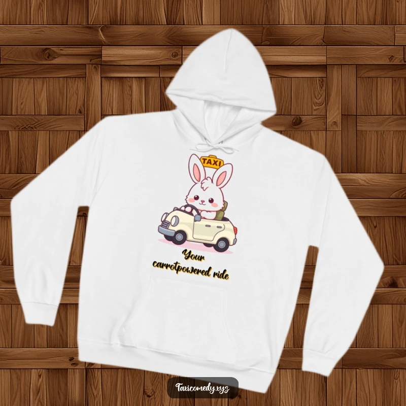Funny fluffy bunny signaling as taxi driver, cool nod, cozy funny gift hoodie for fans of cute animals.