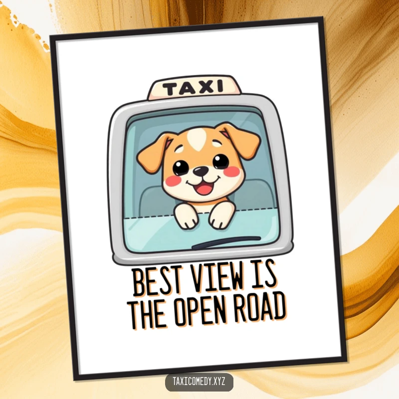 Funny Free Printable Wall Art: Whimsical dog with tongue out, head out taxi window, enjoying the ride.
