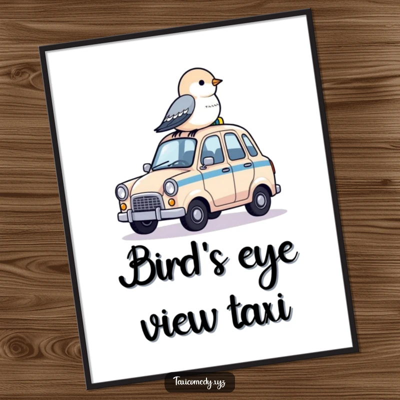 Funny Free Printable Wall Art, a small, cute bird perched on the roof of a miniature taxi, offering a unique perspective.