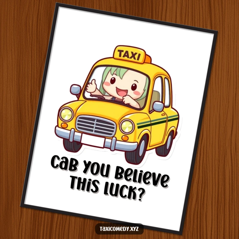 Funny Free Printable Taxi Wall Art with a happy driver giving a thumbs-up, vibrant downloadable decor for urban enthusiasts.