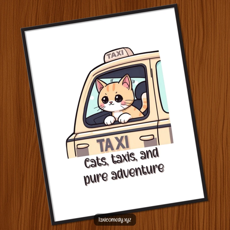 Funny Free Printable Wall Art: Playful cat sticking its head out of a taxi window, embodying urban adventure and cool vibes.