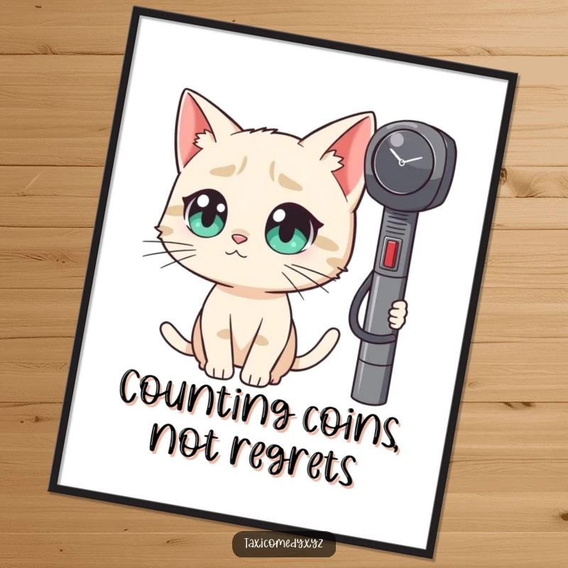 Funny Free Printable Wall Art: A cat with comically large eyes gazes at a taxi meter, capturing a moment of pure curiosity.