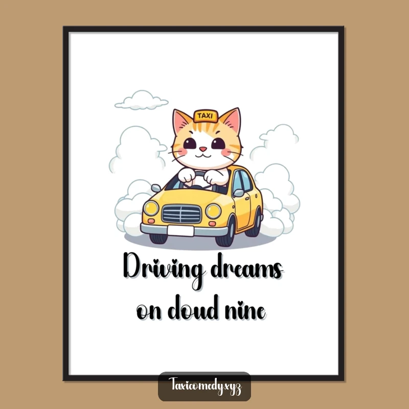 Free Printable Wall Art: Whimsical Cloud Taxi Cat, Downloadable Decor