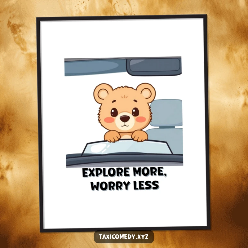 Funny Free Printable Wall Art: Bear cub peeking through windshield, curious expression, innocent eyes, forest background.