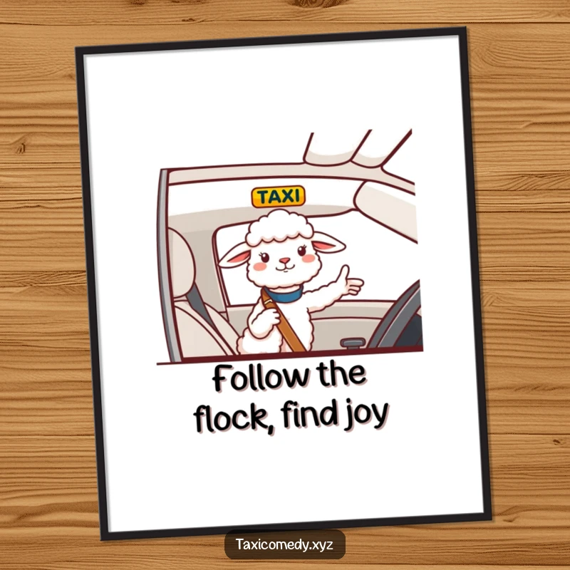 Funny Free Printable Sheep Wall Art of a cheerful sheep giving directions from the passenger seat of a taxi, humorous downloadable art.