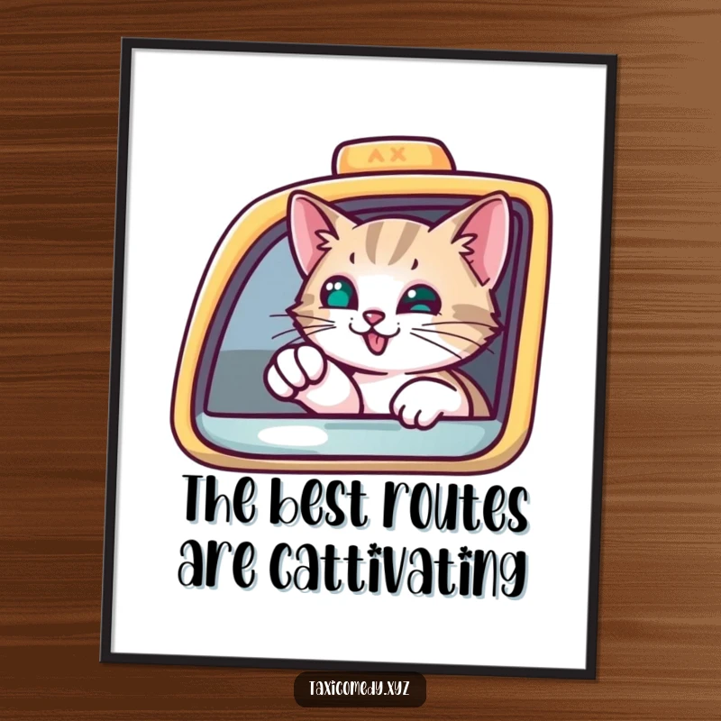 Funny Free Printable Cat Wall Art of a curious cat peering out of a taxi window, pointing with a paw, humorous downloadable art.