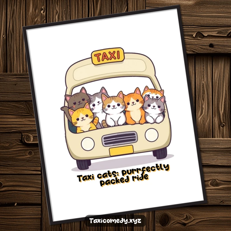 Funny free printable wall art: A cheerful group of cats are packed into a taxi, ready for an adventure.