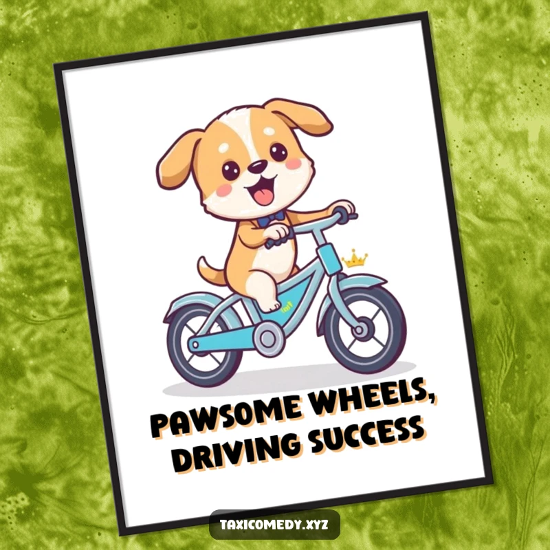 Funny free printable wall art of a dog energetically pedaling a tiny taxi like a bicycle, bringing comic relief and charm to your decor.