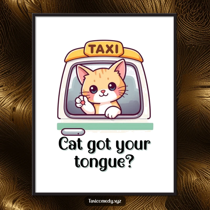 Funny free printable wall art of a cat peeking out of a taxi window, waving a paw playfully.