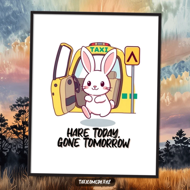 Funny free printable wall art of a rabbit eagerly hopping into a waiting, whimsical taxi.