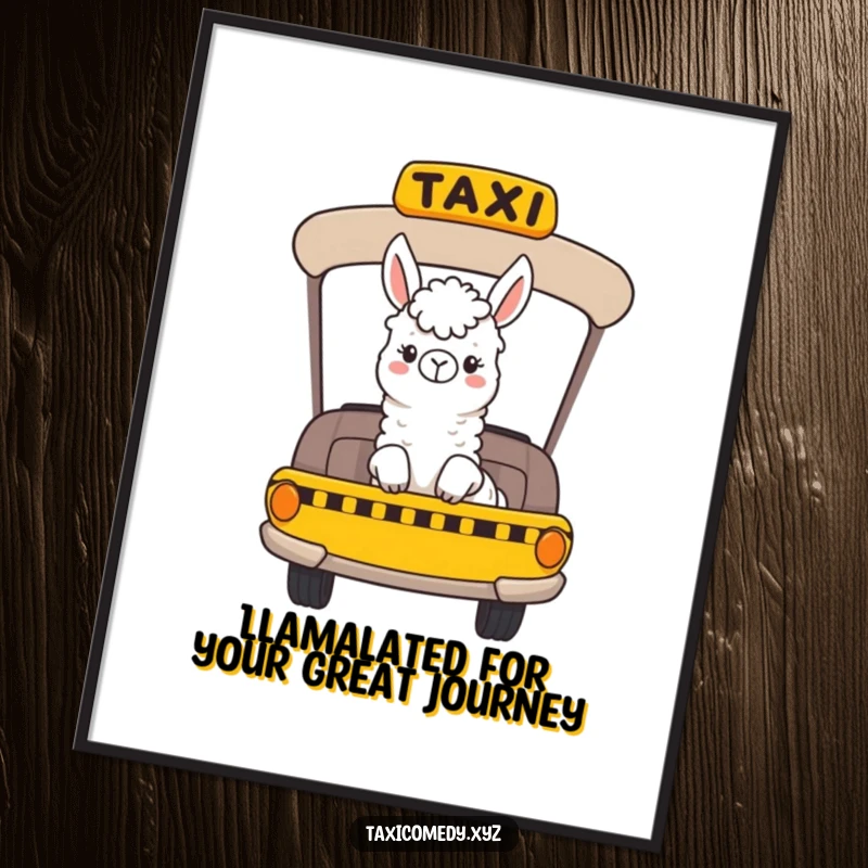 Funny Free Printable Wall Art: A cheerful llama riding in a taxi, looking out the window with a fun vibe.