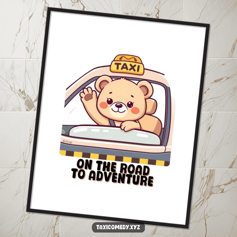 Funny Free Printable Wall Art: A small bear cub waving cheerfully from the passenger seat of a taxi, embarking on an adventure, downloadable art.