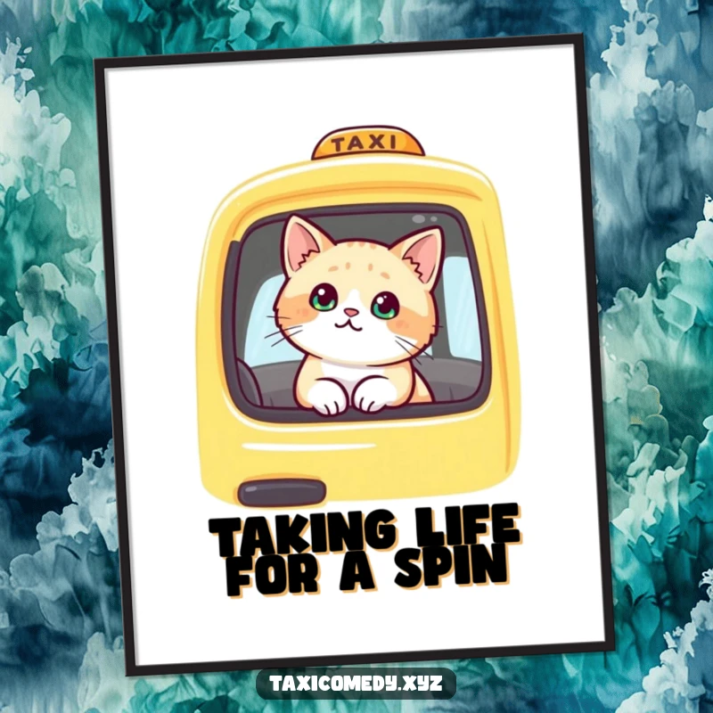 Funny Free Printable Wall Art: Cute cat gazing out of a yellow taxi window, a moment of quiet contemplation, downloadable art.