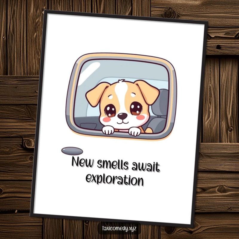 Funny Free Printable Wall Art: Dog with big curious eyes looks out taxi window, capturing life’s little journeys.
