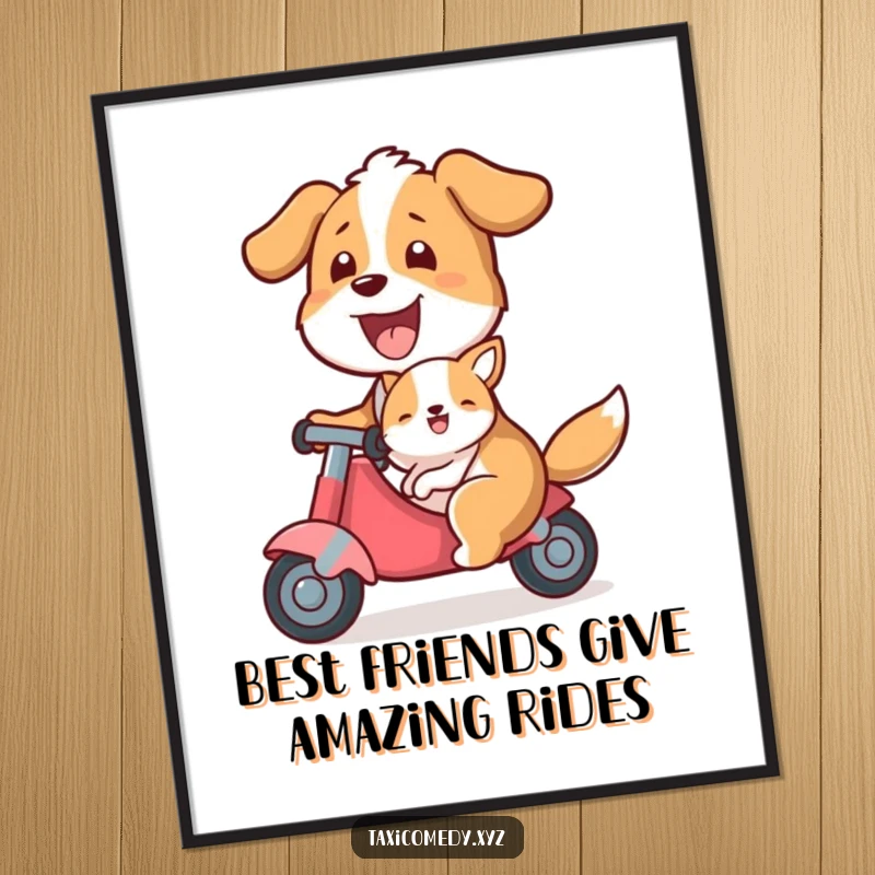 Funny Free Printable Wall Art depicting a joyful dog giving a smaller animal passenger an exciting and memorable ride.