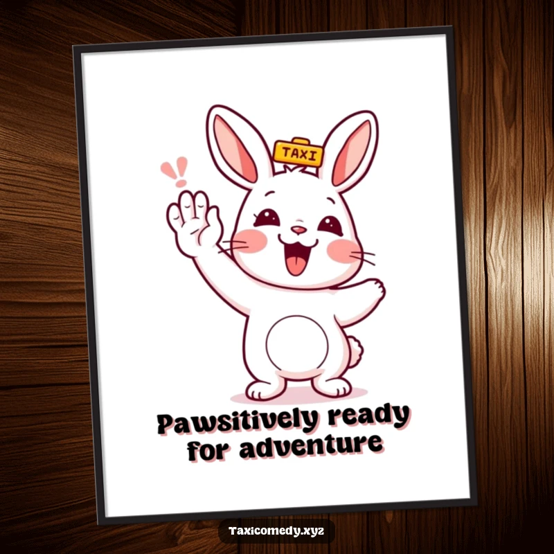 Funny Free Printable Wall Art: Rabbit with raised paw hails a taxi, full of anticipation, perfect quirky decor.