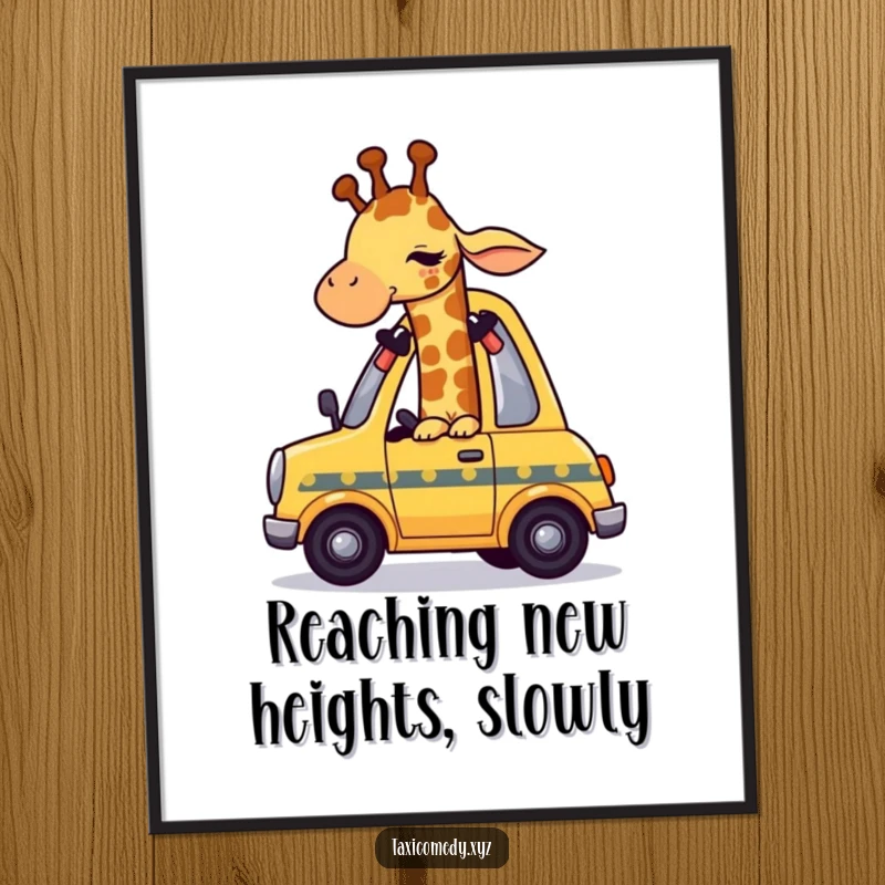 Funny Free Printable Wall Art: Giraffe comically squeezes into a tiny yellow taxi, a scene of delightful absurdity.