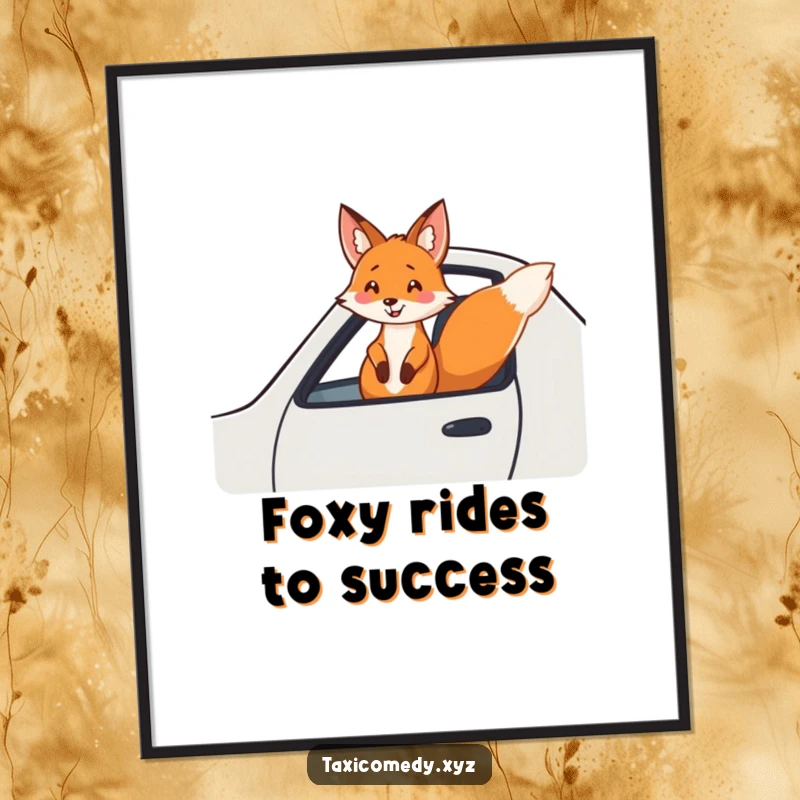 Funny free printable wall art of a fox with a huge smile, head out of a taxi window, enjoying the breeze.