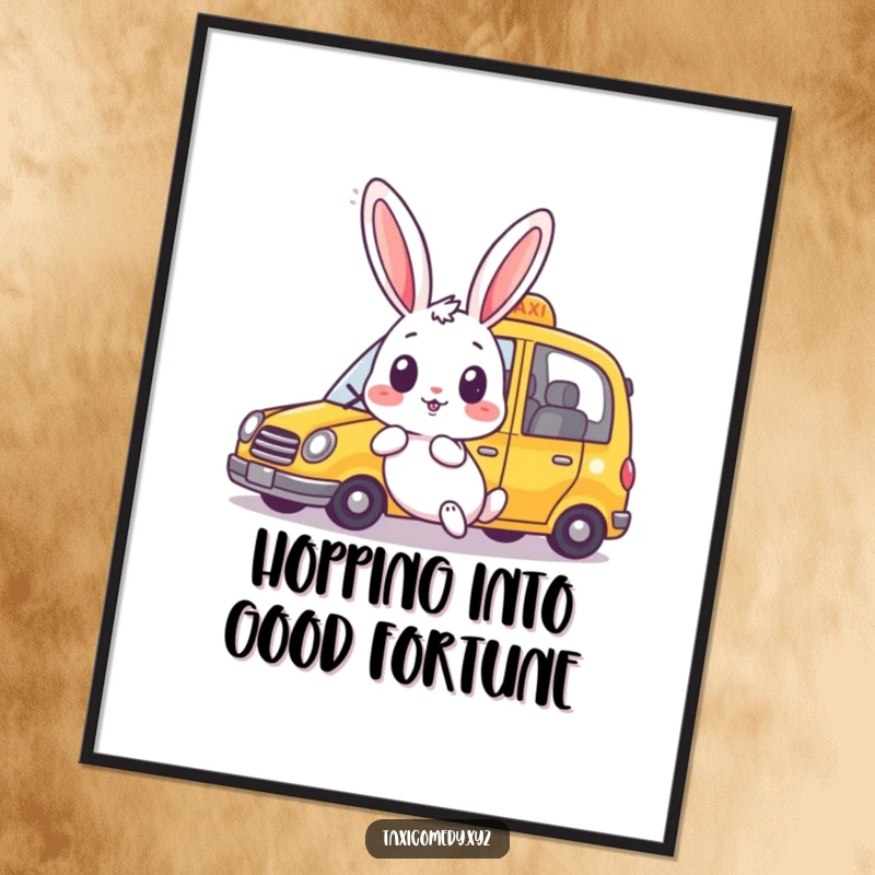 Funny free printable wall art capturing a rabbit's surprised expression as a cheerful taxi speeds by in a blur.