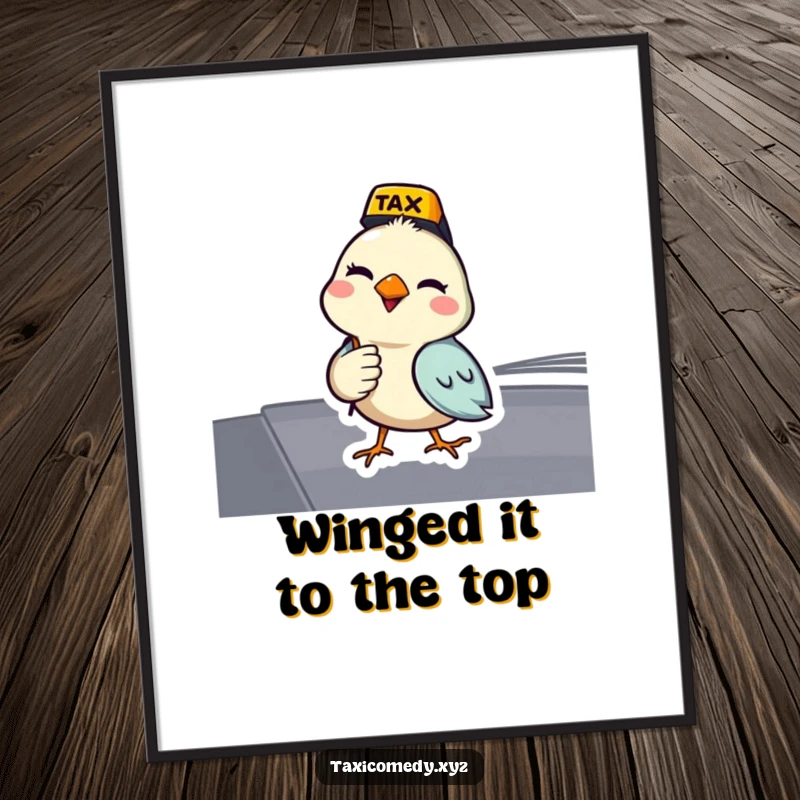 Funny free printable wall art of a bird confidently driving a taxi, giving a playful wink.