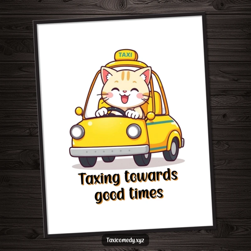 Funny free printable wall art: a happy cat confidently driving a bright yellow, open-top taxi, embarking on a cheerful journey.