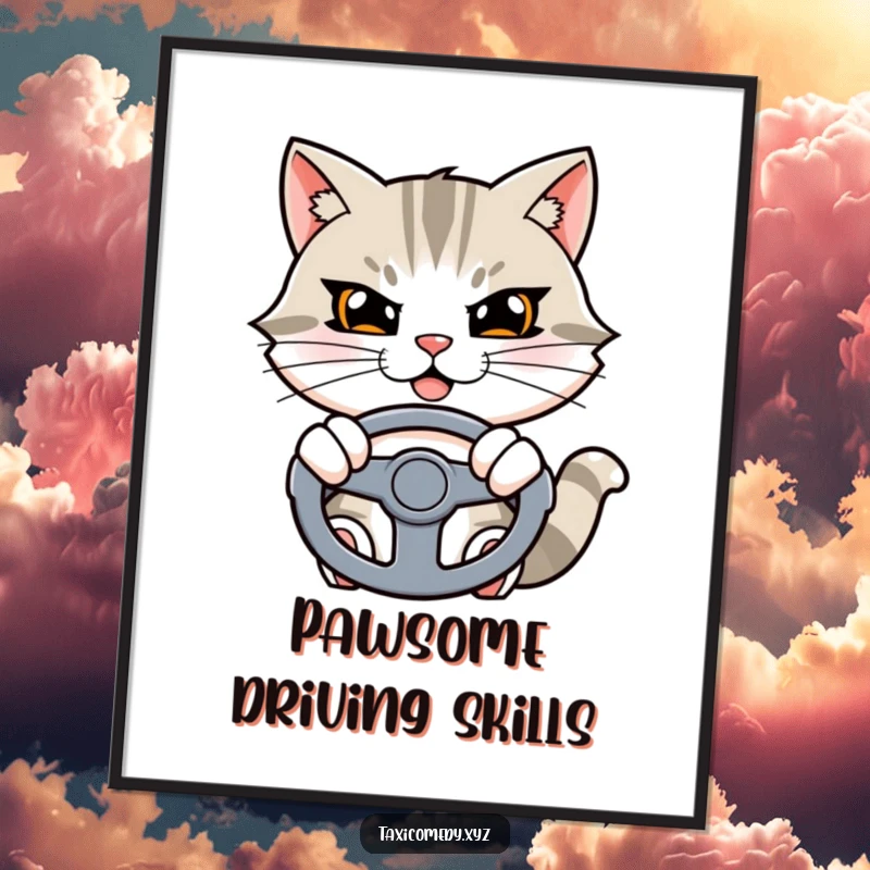 Funny Free Printable Wall Art: A cat character with a determined grin steers confidently, ready for any journey.