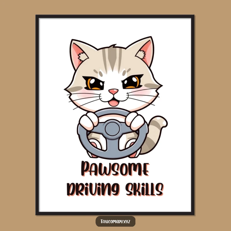 Funny Free Printable Wall Art: Determined Cat Driver Art, Downloadable Cat Lover Decor