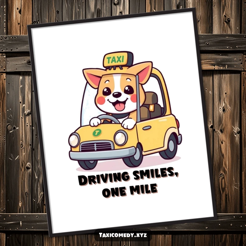 Funny free printable wall art featuring a smiling dog enthusiastically driving a stylized taxi.