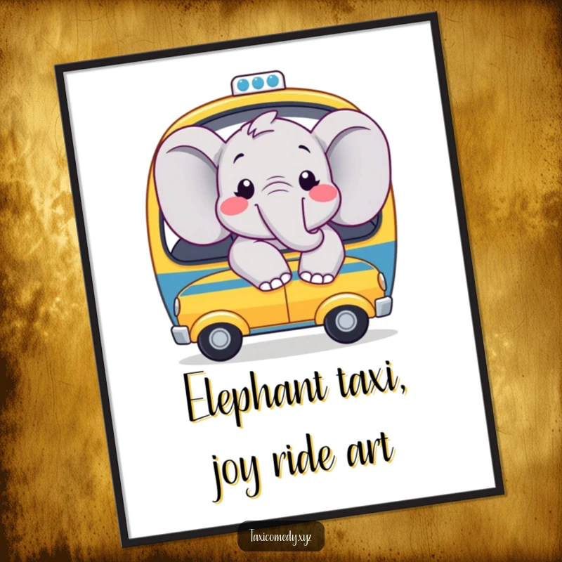 Funny Free Printable Wall Art: Joyful elephant with big smiles, looking out the window of a toy taxi, embarking on an adventure.