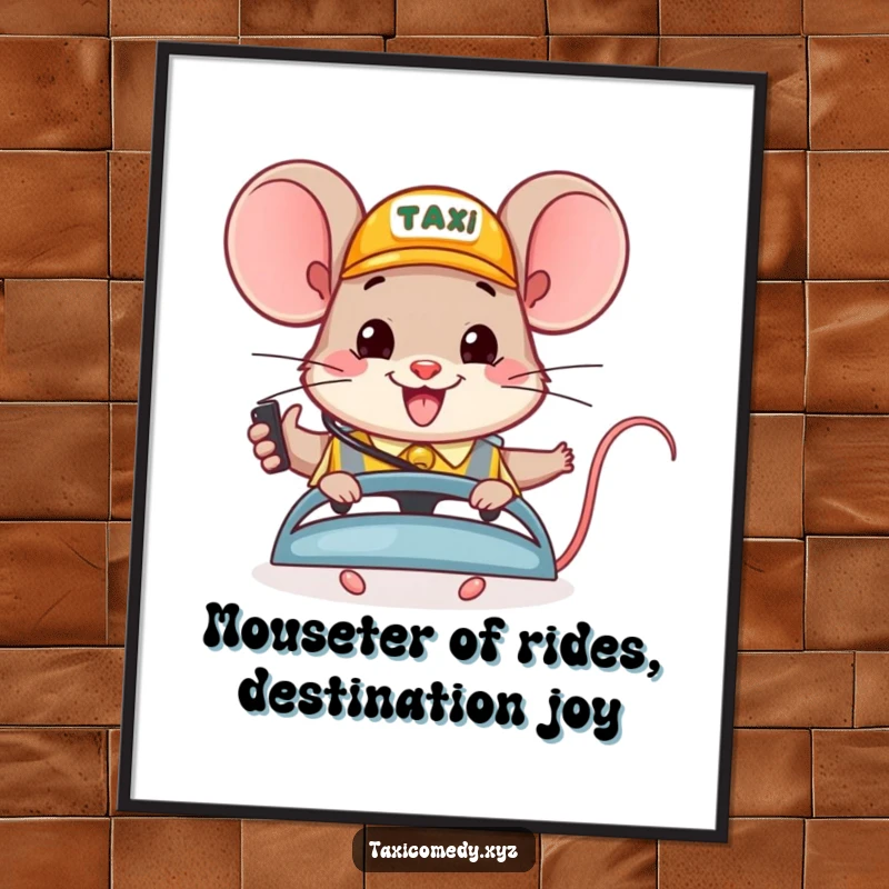 Funny free printable wall art of a happy mouse character acting as a cheerful and busy taxi dispatcher.