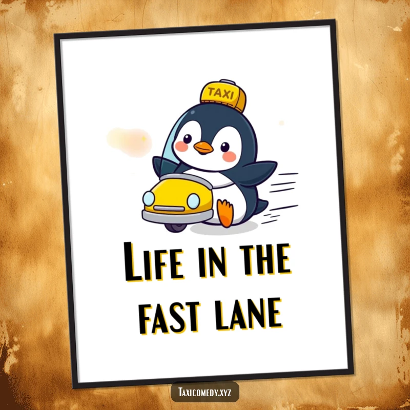 Funny Free Printable Wall Art: A delighted penguin watches with pure joy as a taxi speeds past, capturing a moment of simple excitement.