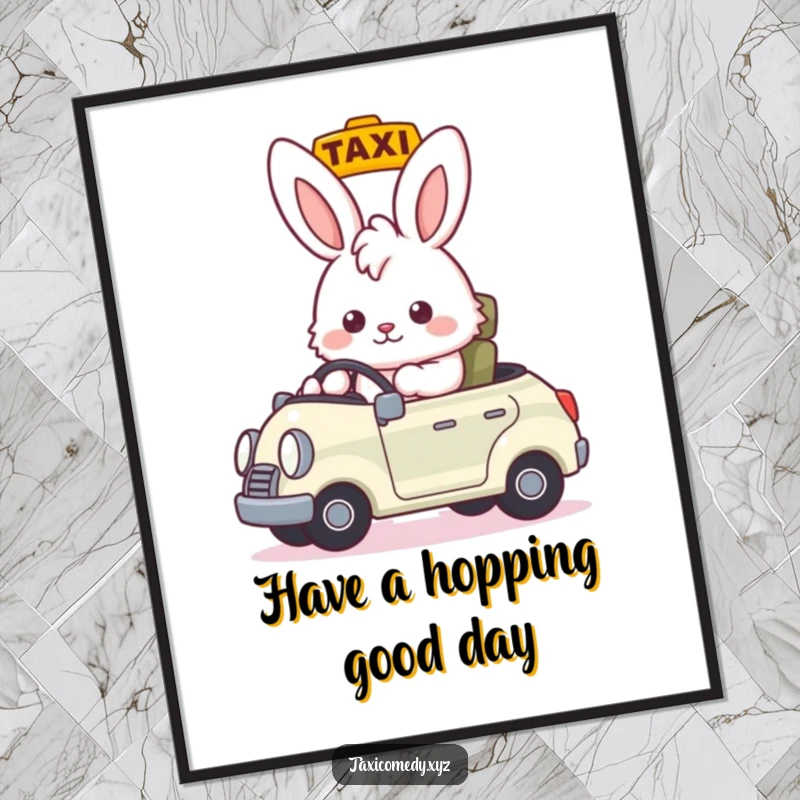Funny Free Printable Wall Art: A fluffy bunny dressed as a taxi driver, giving a welcoming nod from the front seat.