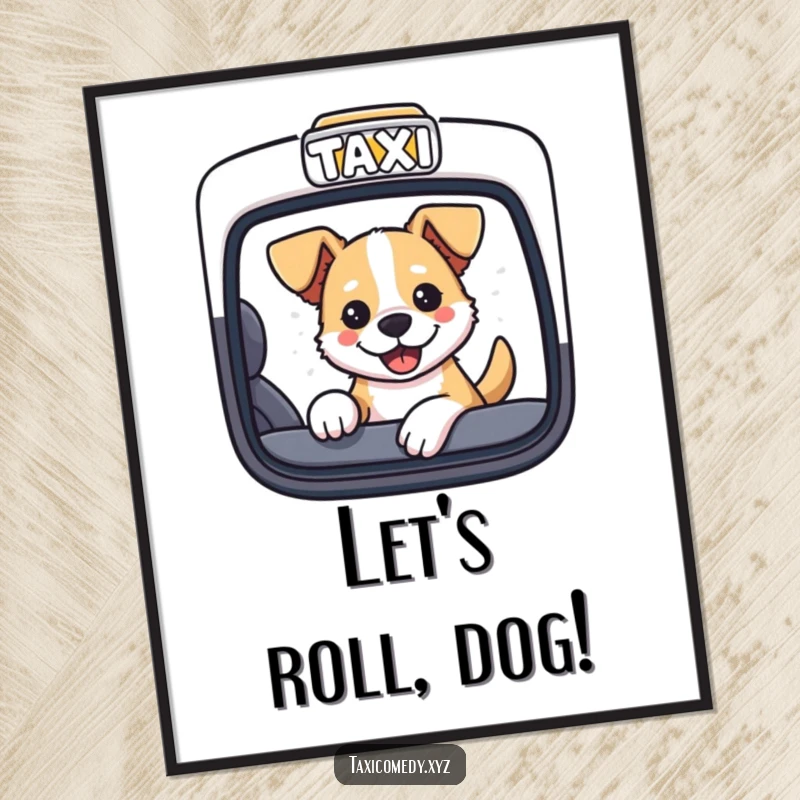 Funny free printable wall art of a playful dog sticking its head out of a taxi window, looking happy.