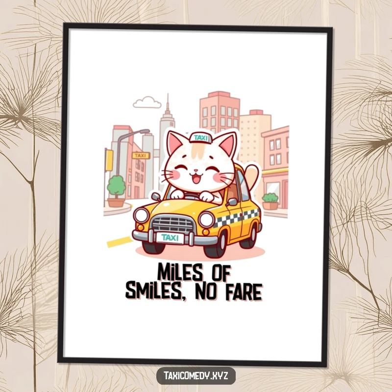 Funny Free Printable Wall Art: A smiling cat confidently drives a taxi amidst a whimsical, stylized urban environment.