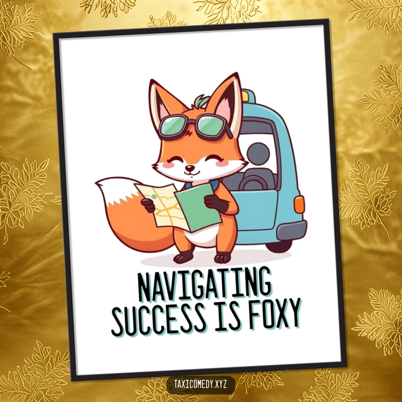 Quirky free printable wall art of a fox character holding a map, giving precise directions to a taxi driver, adding humor.