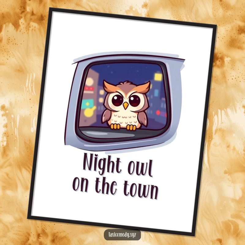 Funny Free Printable Wall Art: Cheerful owl looking out taxi window at night, delivering quirky, humorous downloadable decor instantly.